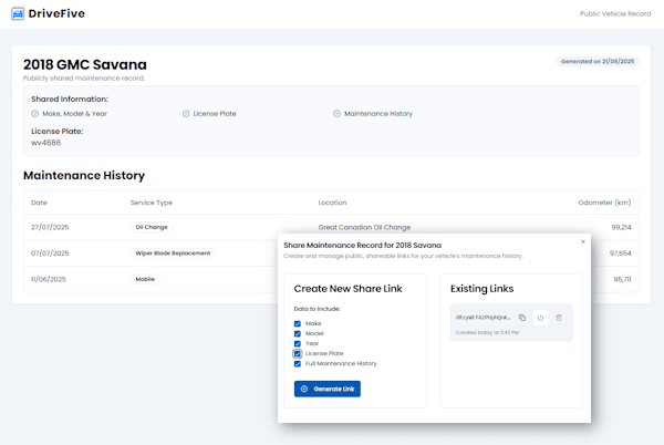 Screenshot of a public vehicle history page